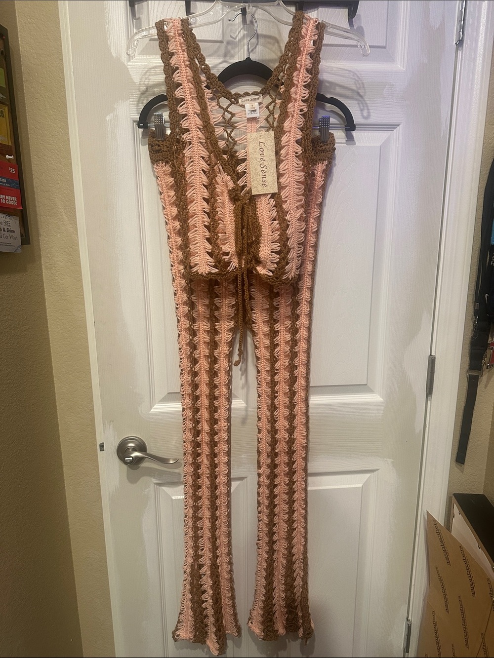 Handmade Crochet Brand New w/ Tags Two-Piece Set in Pink and Brown Cover up Set!